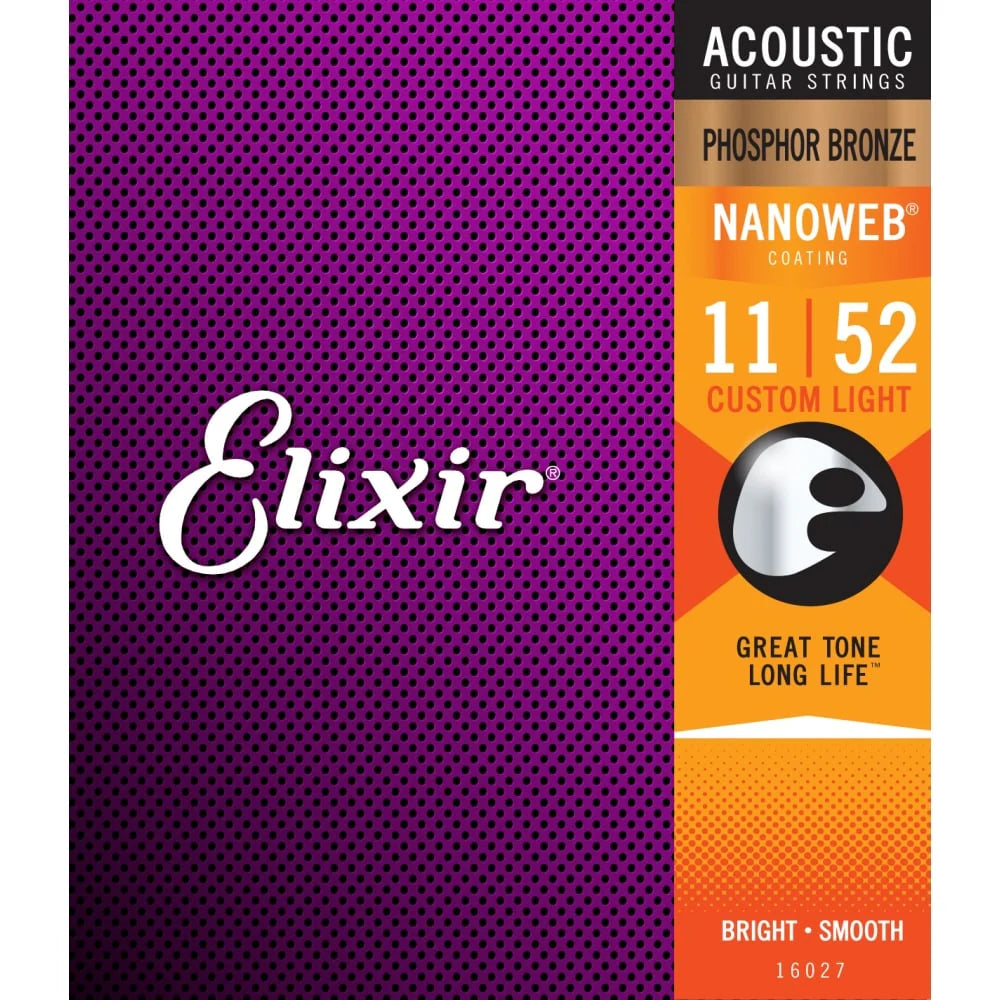 ELIXIR Nanoweb Phosphor Bronze 11-52 Acoustic Guitar Strings Custom Light