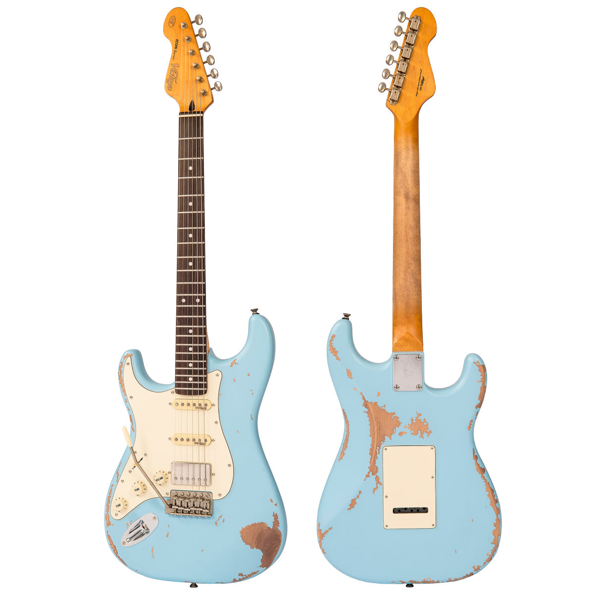 Vintage V6 ICON Electric Guitar ~ Left Hand Distressed Laguna Blue